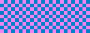 Dama pankartı. Dama tahtasının mavi ve mor renkleri. Küçük kareler, küçük hücreler. Satranç tahtası, dama tahtası dokusu. Kare deseni. Geçmişi. Tekrarlanabilir doku.