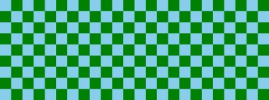 Dama pankartı. Dama tahtasının yeşil ve gökyüzü mavi renkleri. Küçük kareler, küçük hücreler. Satranç tahtası, dama tahtası dokusu. Kare deseni. Geçmişi. Tekrarlanabilir doku.