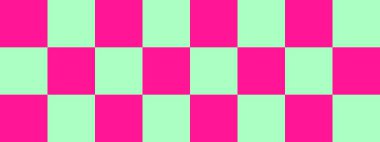 Dama pankartı. Naneli ve koyu pembe renkli dama tahtası. Büyük kareler, büyük hücreler. Satranç tahtası, dama tahtası dokusu. Kare deseni. Geçmişi. Tekrarlanabilir doku.