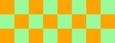 Dama pankartı. Dama tahtasının açık yeşil ve turuncu renkleri. Büyük kareler, büyük hücreler. Satranç tahtası, dama tahtası dokusu. Kare deseni. Geçmişi. Tekrarlanabilir doku.