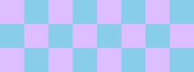 Dama pankartı. Gök mavisi ve lavanta renginde dama tahtası. Büyük kareler, büyük hücreler. Satranç tahtası, dama tahtası dokusu. Kare deseni. Geçmişi. Tekrarlanabilir doku.