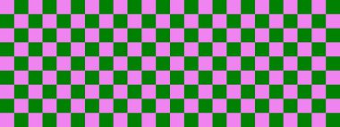 Dama pankartı. Dama tahtasının yeşil ve mor renkleri. Küçük kareler, küçük hücreler. Satranç tahtası, dama tahtası dokusu. Kare deseni. Geçmişi. Tekrarlanabilir doku.