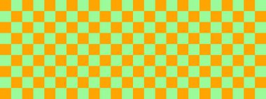 Dama pankartı. Dama tahtasının açık yeşil ve turuncu renkleri. Küçük kareler, küçük hücreler. Satranç tahtası, dama tahtası dokusu. Kare deseni. Geçmişi. Tekrarlanabilir doku.