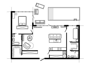 Beyaz arka planda havuzu olan doğrusal mimari bölüm düzlem kulübesi