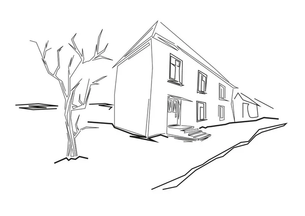 Linear Sketch Small Old House Town White Background — стоковый вектор