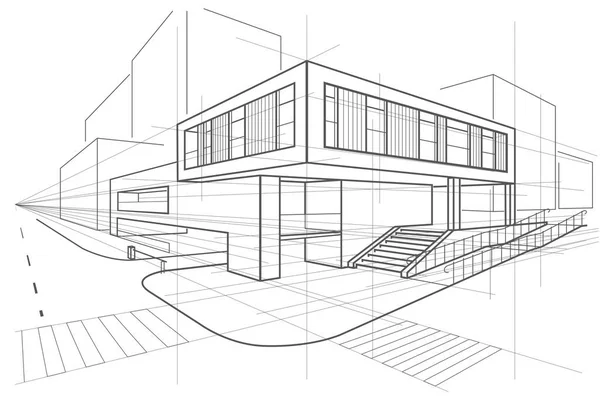 Lineare Architektonische Skizze Bürogebäude Perspektive Auf Weißem Hintergrund — Stockvektor