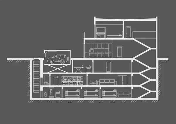 灰色の背景に複数階建ての地下と線形スケッチコテージセクション — ストックベクタ