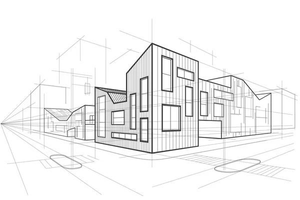 Linear Abstract Architectural Sketch Corner Modern Office Building — Vettoriale Stock