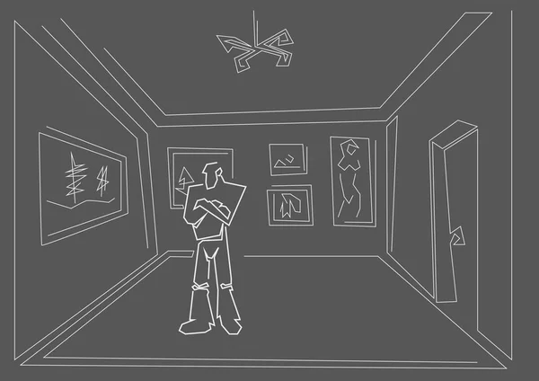 Printlinear Sketch Man Looking Picture Gallery Gray Background — Vettoriale Stock