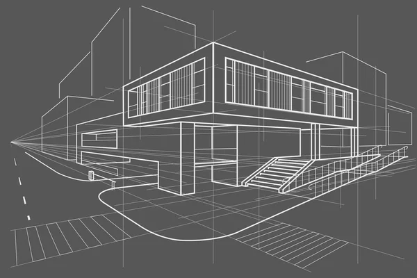 Lineaire Arcitecturale Schets Kantoorgebouw Perspectief Grijze Achtergrond — Stockvector