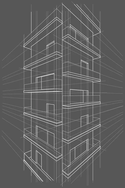 Лінійний Абстрактний Архаїчний Ескіз Багатоповерхової Перспективи Будівництва Білому Тлі — стоковий вектор