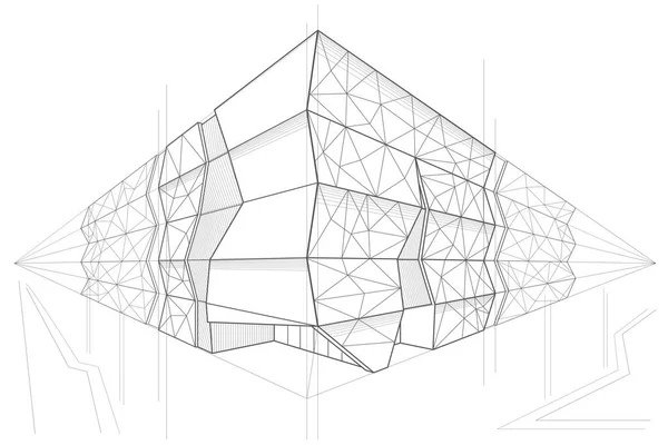 Лінійний Архаїчний Ескіз Перспективи Громадського Будівництва Білому Тлі — стоковий вектор