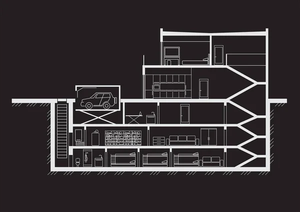 Linear Sketch Cottage Linear Section Multi Storey Basement — Stockvektor