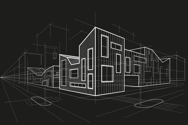 Linear Abstract Architectural Sketch Corner Modern Office Building Black Background — Wektor stockowy