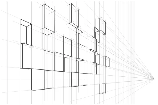 Desenho Arquitetônico Linear Abstrato Fachada Cubo Assimétrica Perspectiva Sobre Fundo —  Vetores de Stock