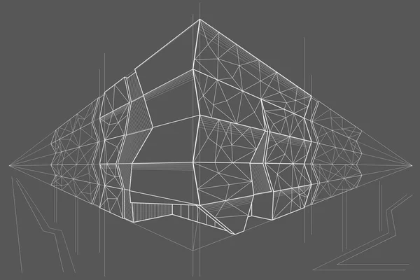 Linear Arcitectural Sketch Public Building Perspective Gray Background — Stockvector