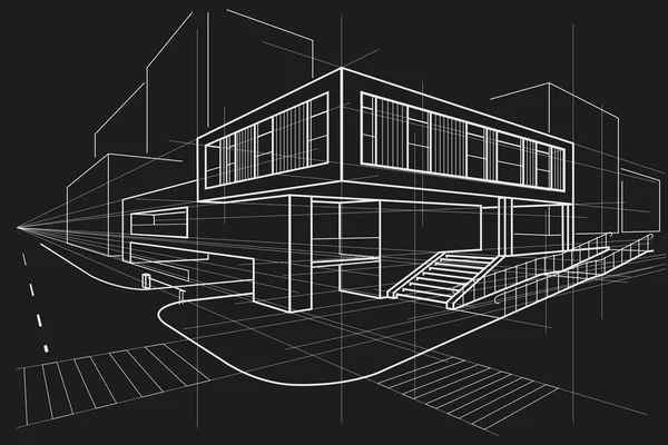 Lineare Architektonische Skizze Bürogebäude Perspektive Auf Schwarzen Hintergrund — Stockvektor