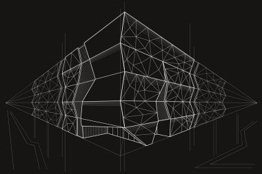 Siyah arkaplan üzerine doğrusal mimari taslak kamu binası perspektifi