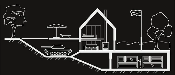 Linear Architectural Sketch Cottage Section Underground Hidden Tank Basement Black — Stockvector