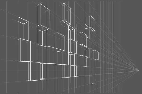 Лінійний Архітектурний Ескіз Абстрактного Асиметричного Куба Фасаду Перспективі Сірому Фоні — стоковий вектор