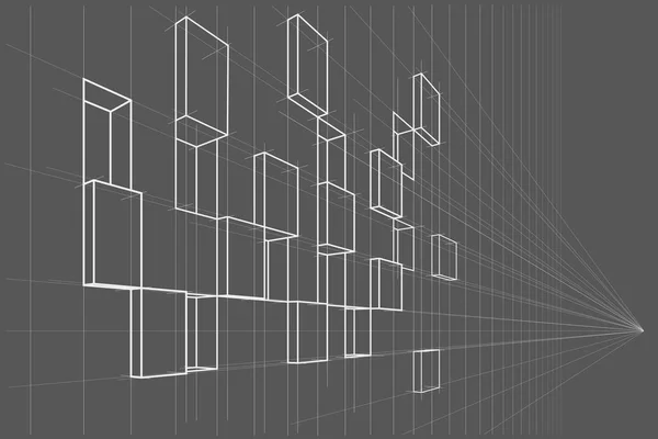 Lineární Architektonický Náčrt Abstraktní Asymetrické Krychle Fasády Perspektivě Šedém Pozadí — Stockový vektor