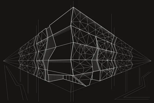 Linear Architectural Sketch Public Building Perspective Black Background — Stockový vektor