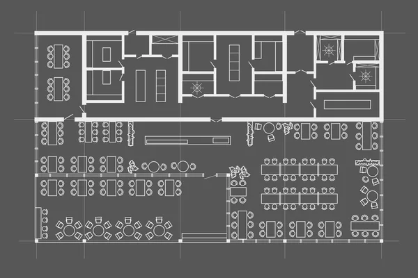 Rectángulo Lineal Boceto Técnico Restaurante Con Plano Terraza Sobre Fondo — Vector de stock