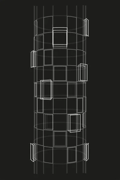 線形建築スケッチ黒の背景に抽象的な円形の建物のフレーム — ストックベクタ