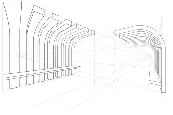 Γραμμικό Αρχιτεκτονικό Σκίτσο Πέργκολα Προοπτική Πάγκου Λευκό Φόντο — Διανυσματικό Αρχείο