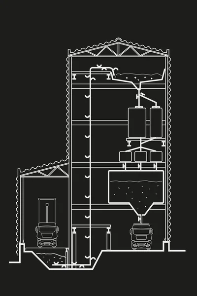 Lineare Architektonische Skizze Fabrikabschnitt Mit Aufzug Auf Schwarzem Hintergrund — Stockvektor