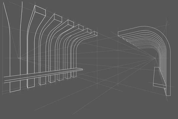 Lineární Architektonický Náčrt Pergola Perspektivou Lavice Šedém Pozadí — Stockový vektor