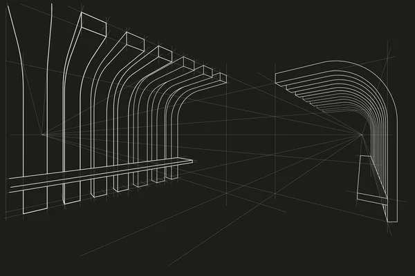 Lineární Architektonický Náčrt Pergola Perspektivou Lavice Černém Pozadí — Stockový vektor