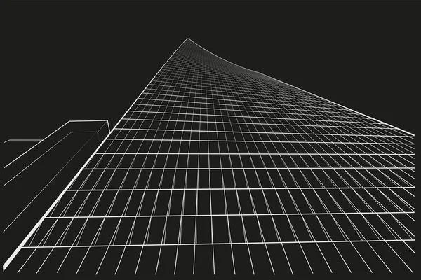 Лінійний Абстрактний Архаїчний Ескіз Багатоповерхової Будівлі Перспективі Деревоподібної Точки Чорному — стоковий вектор