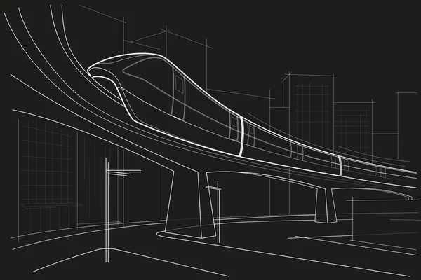 Лінійний Абстрактний Архітектурний Ескіз Вулиці Міста Монорейкою Чорному Тлі Векторна Графіка