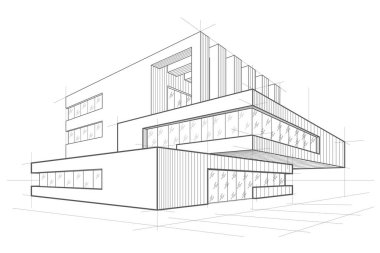 Linear modern abstract sketch - cottage with overhanging part on white background