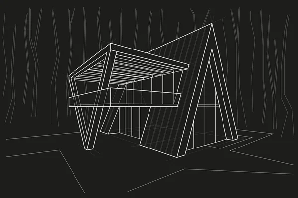 Лінійний Архітектурний Ескіз Житлової Будівлі Лісова Перспектива Скандинавського Стилю Чорному Ліцензійні Стокові Вектори