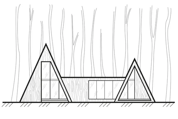 Linear Architectural Front Sketch Residental Building Scandinavian Style Forest Cottage Vecteur En Vente