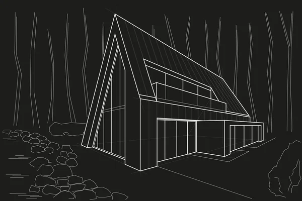 Линейный Архитектурный Эскиз Жилого Здания Лесной Домик Скандинавского Стиля Рядом Лицензионные Стоковые Иллюстрации