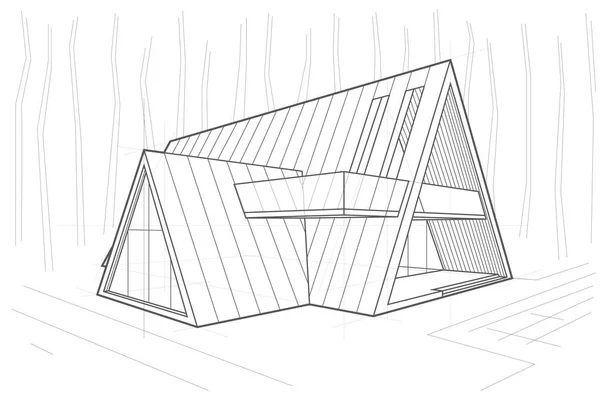 Linear Architectural Sketch Residental Building Triangle Forest Cottage White Background Стоковая Иллюстрация