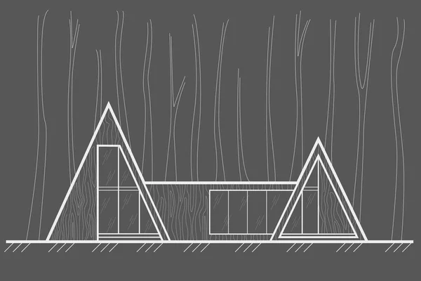 Linear Architectural Front Sketch Residental Building Scandinavian Style Forest Cottage Стоковая Иллюстрация