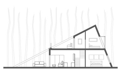 Linear architectural section plane - forest wooden cottage