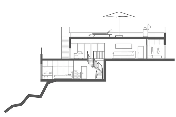 Linear Architectural Section Plane Villa Top Mountain — Stockvektor