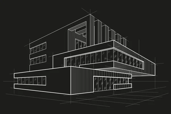 Linear Modern Abstract Sketch Cottage Overhanging Part Black Background — Vector de stock