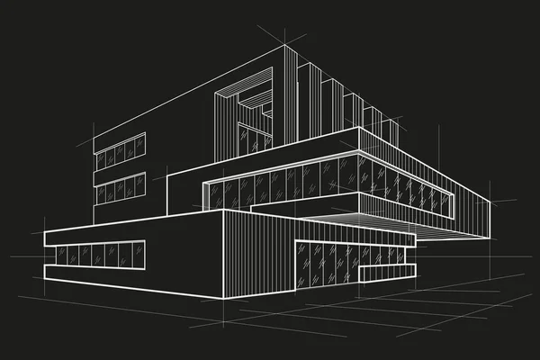 Linear modern abstract sketch - cottage with overhanging part on black background