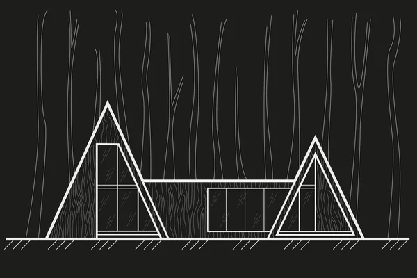 Linear Architectural Front Sketch Residental Building Scandinavian Style Forest Cottage Vecteur En Vente