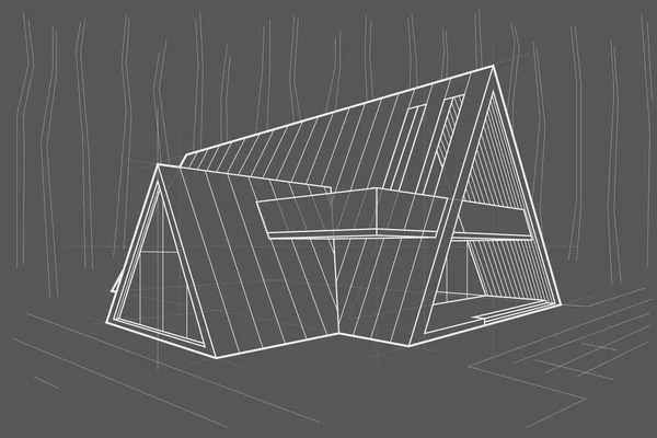 Linear Architectural Sketch Residental Building Triangle Forest Cottage Gray Background Векторная Графика