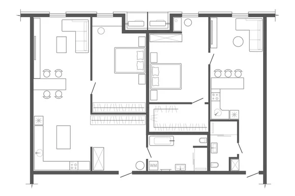 Lineární Architektonická Část Roviny Dva Jednopokojové Byty Činžovním Domě Bílém — Stockový vektor