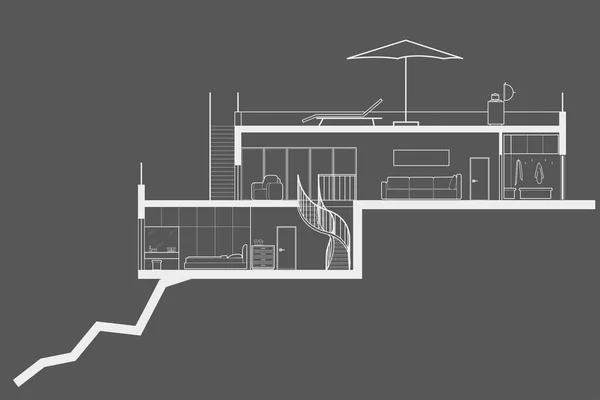 Linear Architectural Section Plane Villa Top Mountain Gray Background — Stock Vector