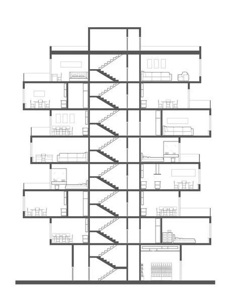 Plano Seção Arquitetônica Linear Edifício Apartamentos Vários Andares Com Móveis —  Vetores de Stock