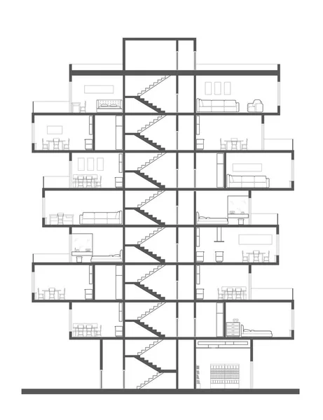 Doğrusal mimari bölüm düzlemi - mobilyalı çok katlı apartman
